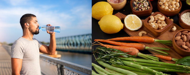 Man drinking water outdoors on left; fresh vegetables, lemons, nuts on right.