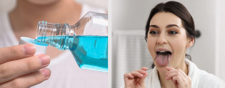 Pouring blue mouthwash into cap on left; woman scraping tongue with cleaner on right, illustrating oral hygiene practices.
