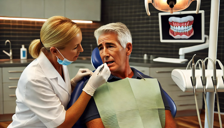 Dentist assisting patient in dental chair.