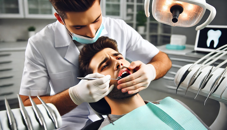 Dentist treating patient in clinic.